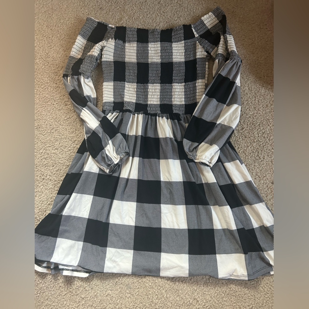 Plaid smocked off the shoulder dress